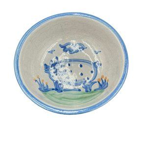 M A Hadley Pottery Cereal Bowl Pig Blue White 5.5 Inch Chip